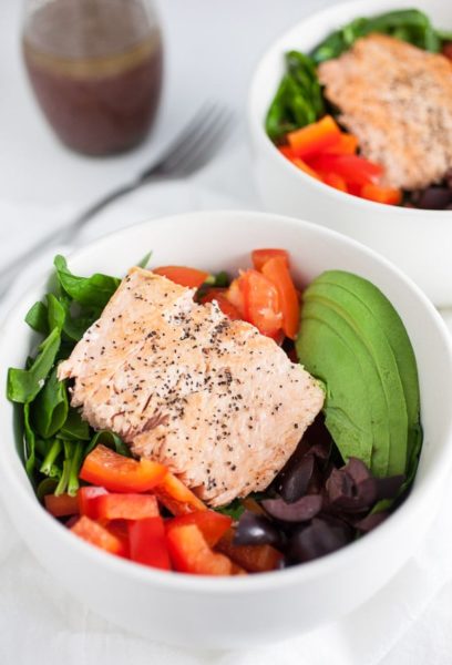 Mediterranean Salmon and Farro Buddha Bowls - The Rustic Foodie®