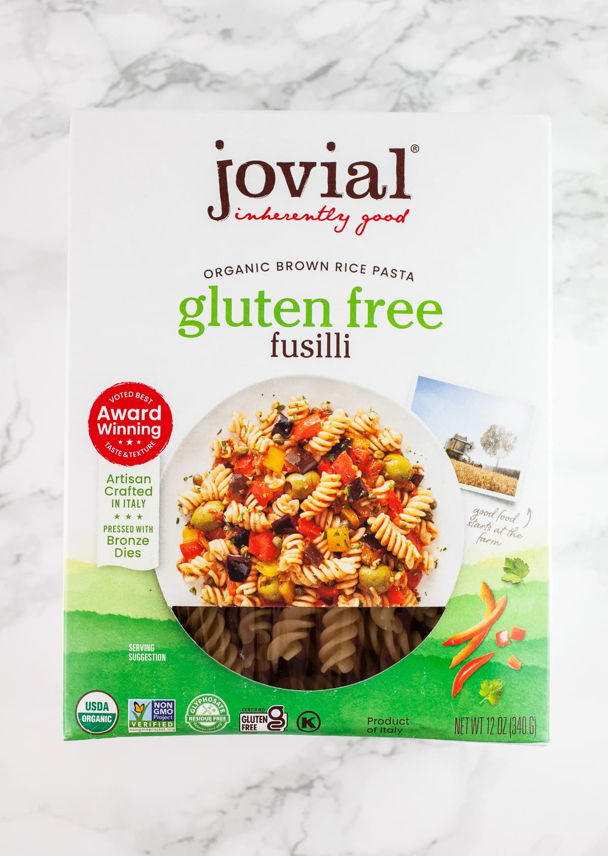 Box of Jovial gluten free fusilli pasta.
