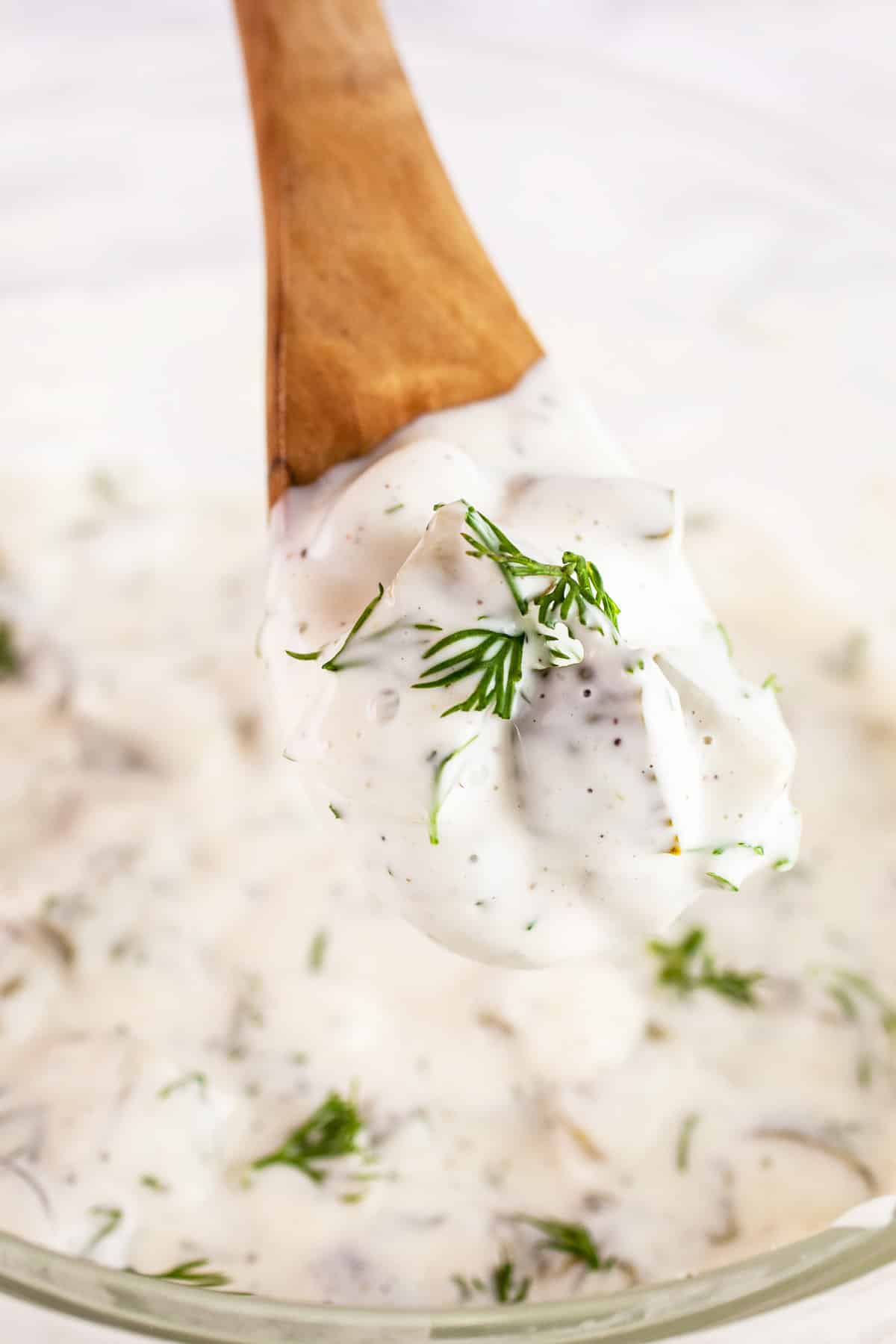 Wooden spoonful of dill tartar sauce lifted from small glass bowl.